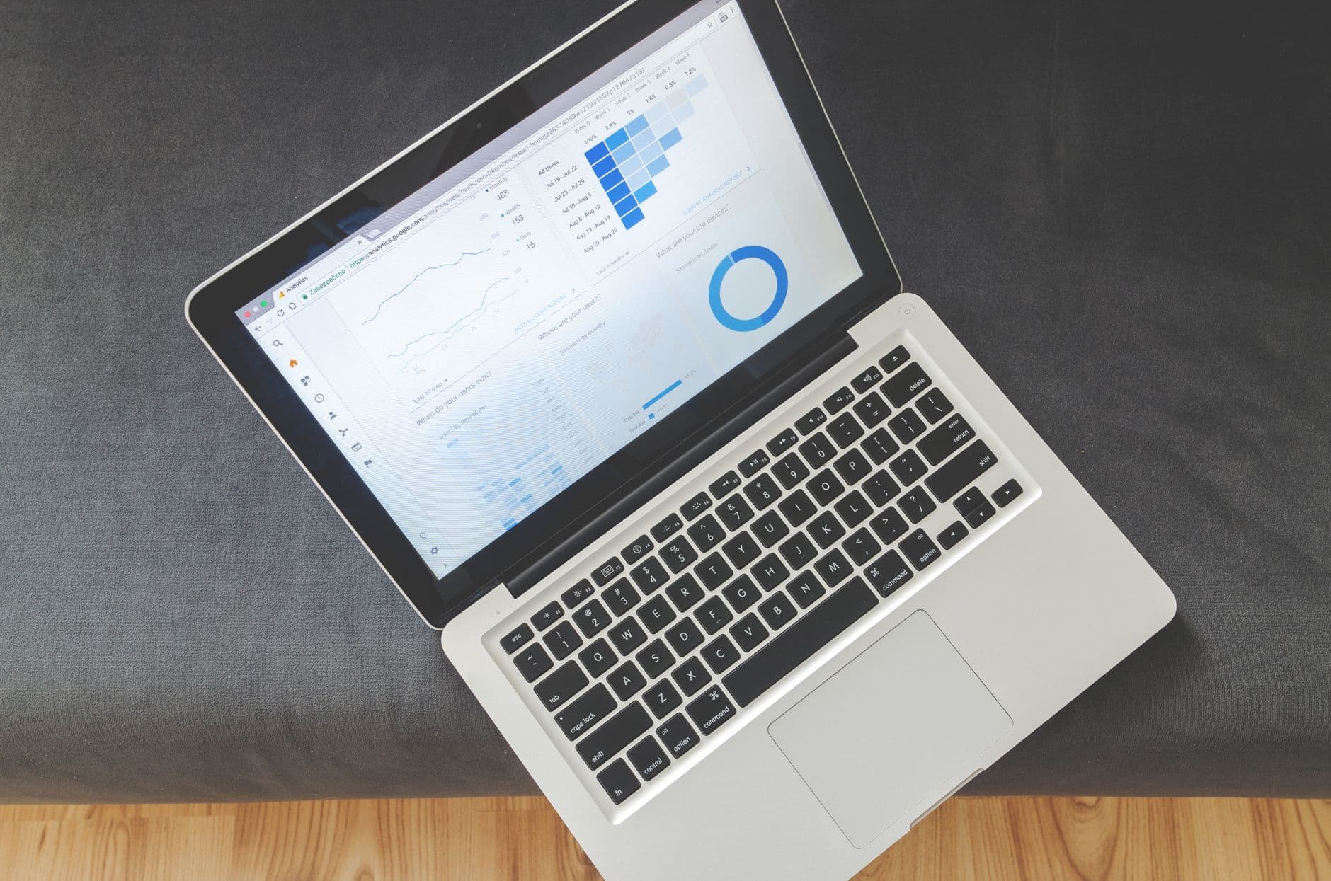 Veri görselleştirme ve grafikler gösteren laptop ekranı